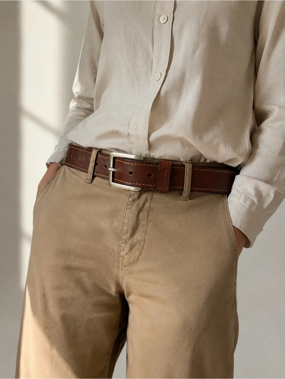 Fossil Deep Brown Genuine Leather Belt with Silver Accents